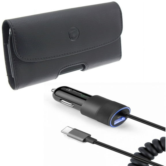 36W Fast Car Charger & Case Belt Clip for iPhone 15 Pro Max - USB-C Power Adapter Coiled Type-C Cable Extra USB Port and Leather Holster Cover Loops D2G for iPhone 15 Pro Max (6.7")