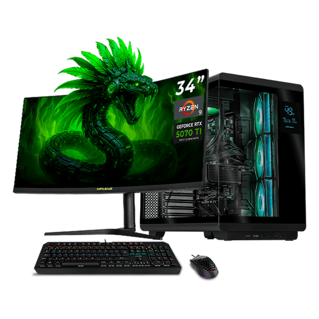 PC Gamer IA DXT GAMING NVIDIA GeForce RTX 5070 Ti AMD Ryzen 9 9900X 32GB DDR5 SSD 1TB Monitor Curvo 34 180Hz Sistema Liquido WIFI Black Alto Desempeño Creativo con IA Integrada