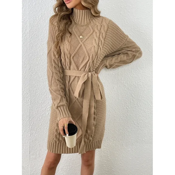 Cable Knit Sweater Dress, Casual High Neck Long Sleeve Dress