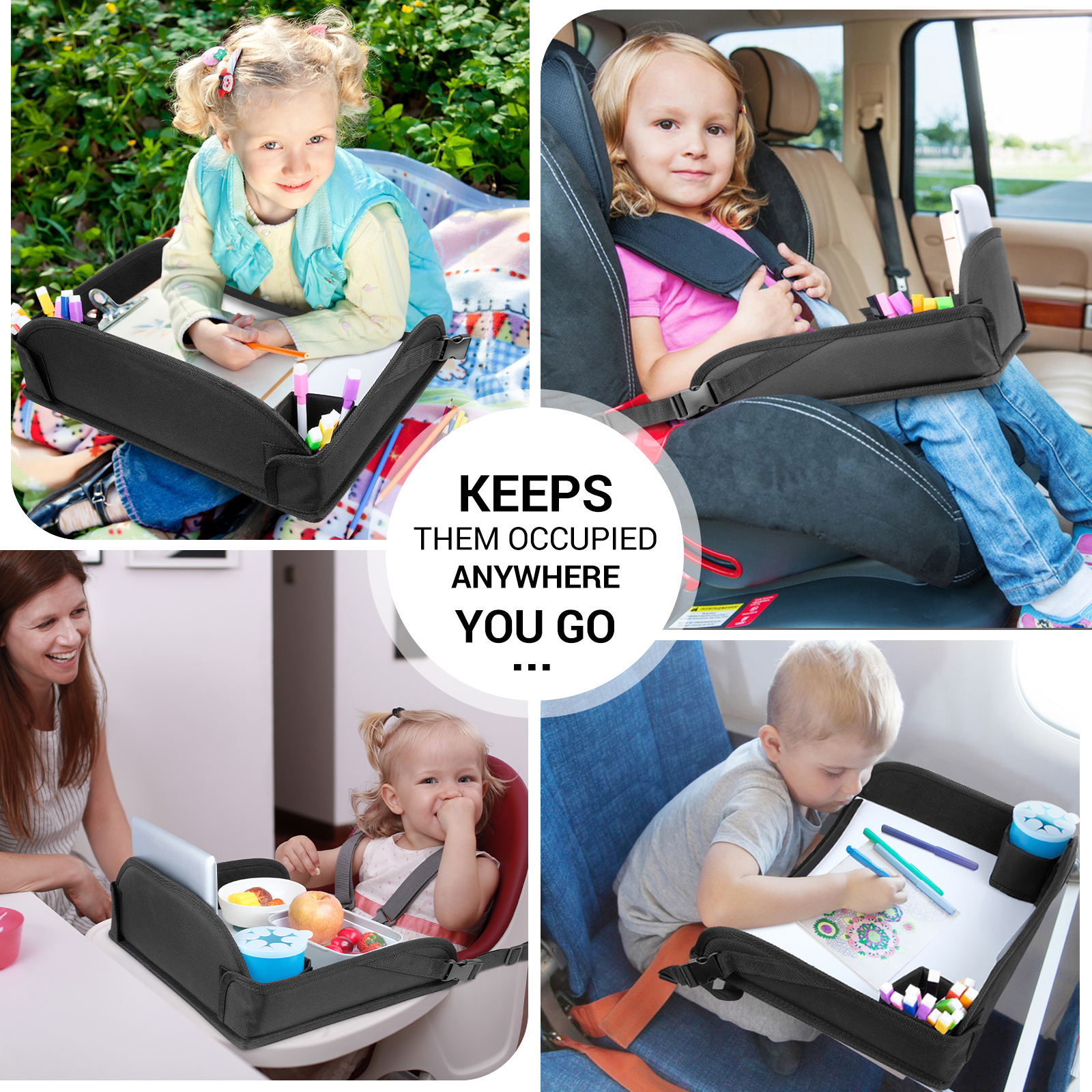 Kids Travel Tray For Car Seats - Foldable Activity Organizer With Snack Storage For Road Trips & Airplanes