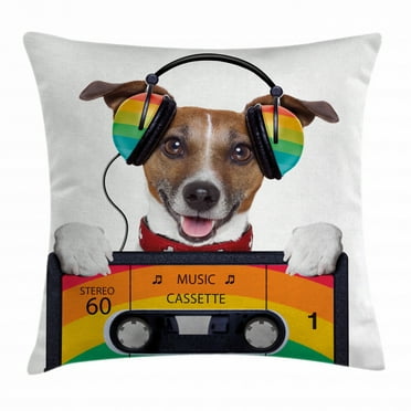 Popstar Party Throw Pillow Cushion Cover, Dog Listening to Music from an Old Cassette of the 80's Colorful Headphones, Decorative Square Accent Pillow Case, 18 X 18 Inches, Multicolor, by Ambesonne