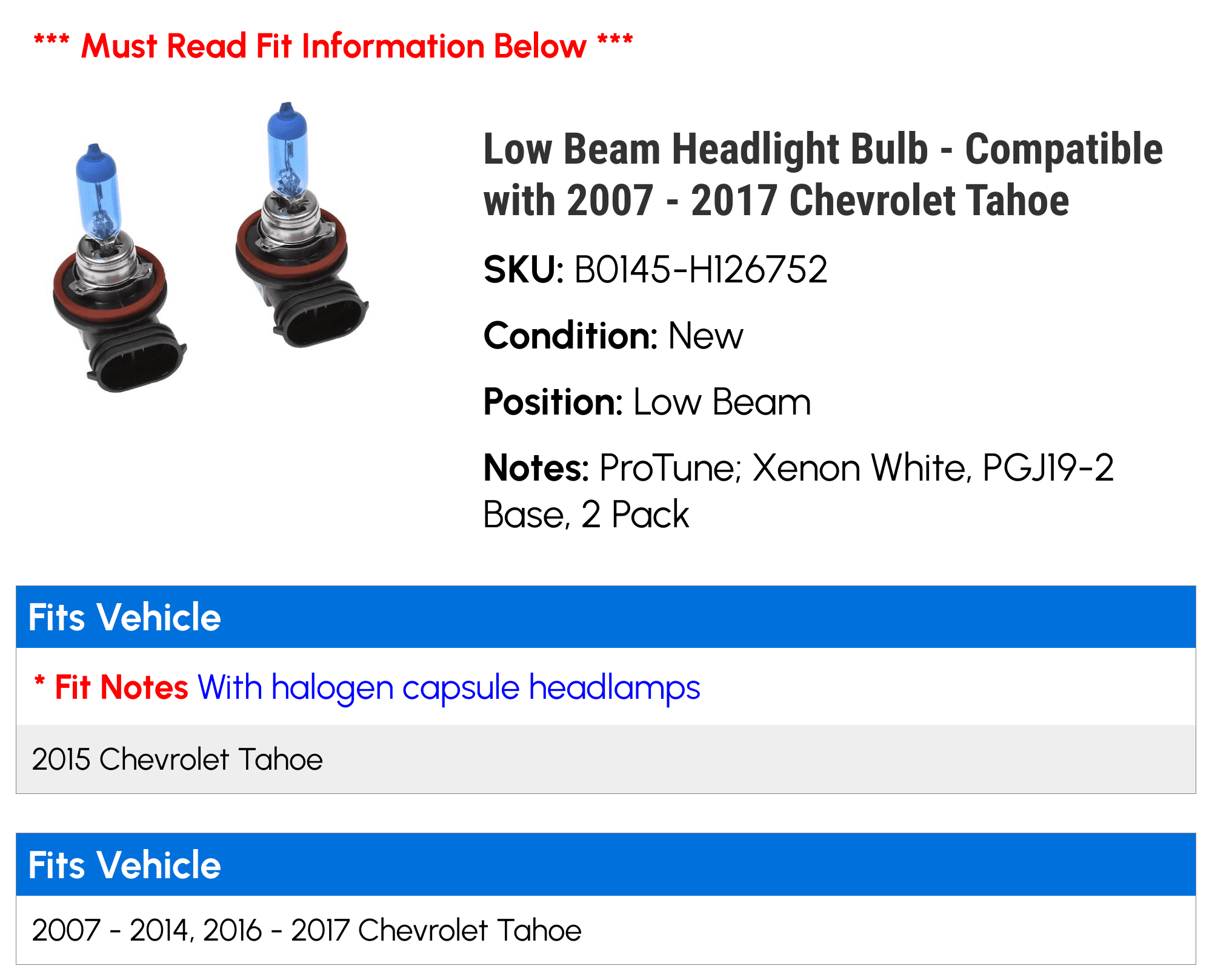 Low Beam Headlight Bulb - Compatible with 2007 - 2017 Chevy Tahoe 2008 2009 2010 2011 2012 2013 2014 2015 2016