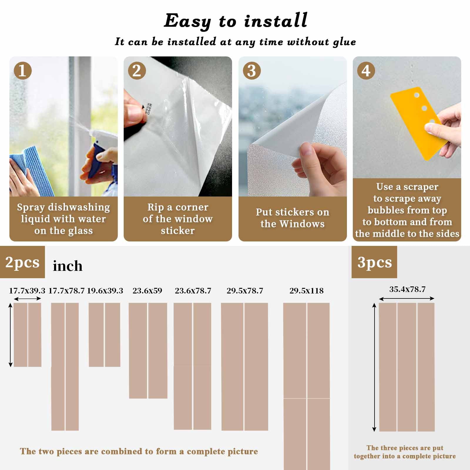 Static Cling Non Adhesive Window Film, Brown Window Privacy Film Frosted, Farmhouse Solid Brown Color Modern Art Opaque Window Coverings for Small Windows, Home, 17.7 x 39.3 Inches
