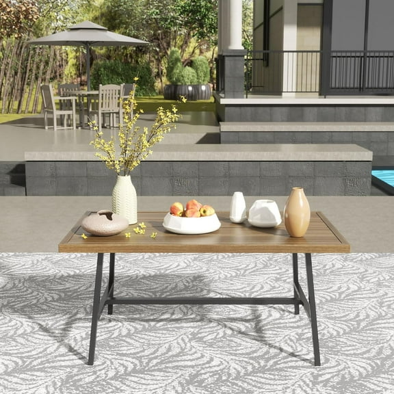 ZALIX Outdoor Coffee Table Woodgrain Patio Metal Table All Weather Backyard Conversation, 36 inches, for Balcony, Poolside, Deck, Garden, Indoor Brown.