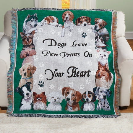 Light Tapestry Throw - Collections Etc Adorable Paw Prints Tapestry Throw Blanket, Gift for Dog Lover's, Green
