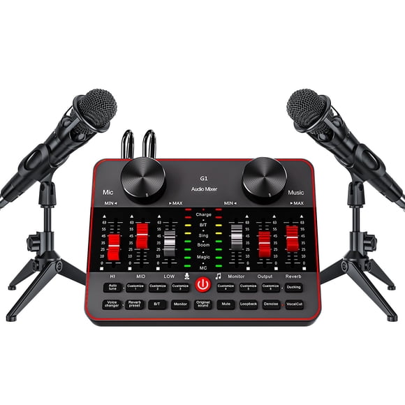 Paquete de micrófonos para podcasts Tenlamp G1, mezclador de audio con 2 micrófonos