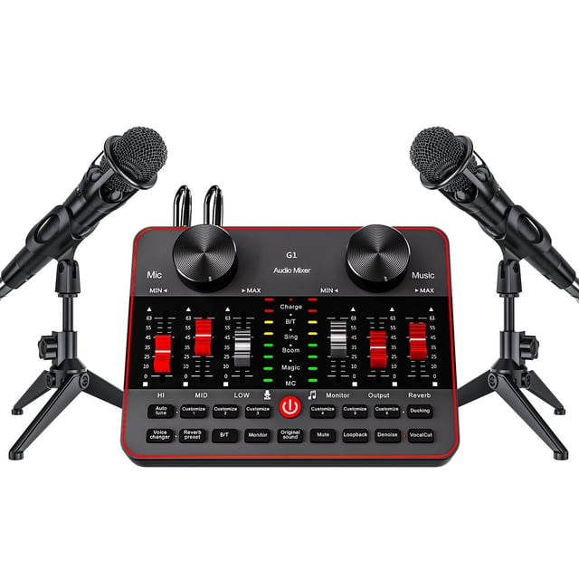 Paquete de micrófonos para podcasts Tenlamp G1, mezclador de audio con 2 micrófonos
