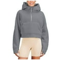 thumbnail image 2 of AXXD Gray Basic Ladies Tops Summer 2024 Crop Tops Loose Half Zipper Hooded Sweatshirts Long Sleeve Cropped Hoodie Winter Warm Pullover Tops, 2 of 7