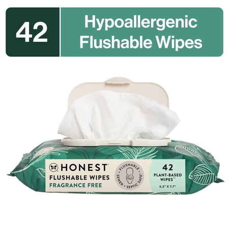 The Honest Company Flushable Wipes for Adults, Fragrance Free and Hypoallergenic Wet Wipes, Tropical Leaves, 42 Count