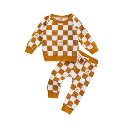 

Canrulo Toddler Baby Boy Girl Fall Clothes Checkerboard Plaids Long Sleeve T-Shirt Tops + Pants 2Pcs Outfits Khaki 1-2 Years