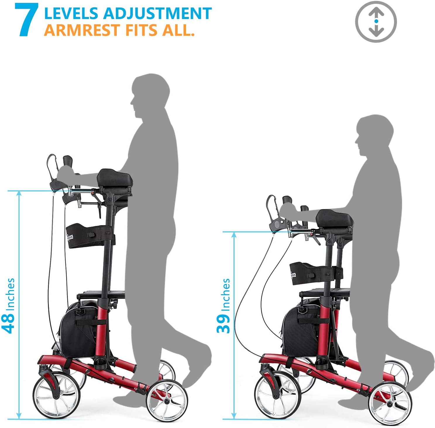 Oasisspace Upright Rollator Walker, Stand Up Rollator Walker with Seat and Armrests Tall Rollator Walker for Seniors and Adults, Red