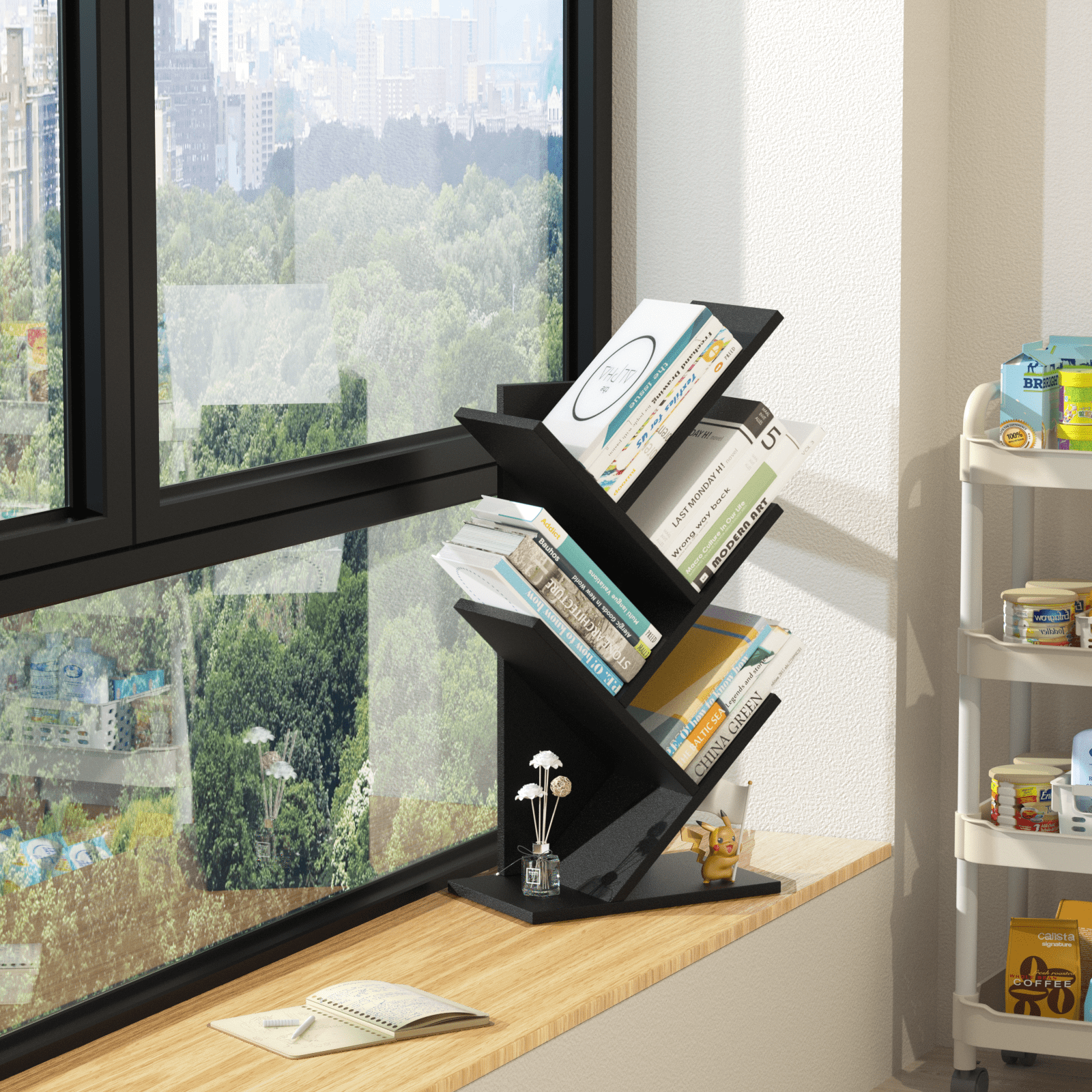 Modern Tree Bookshelf, 5-Tier LELELINKY Bookcase, Vertical Storage Shelf for Books & Décor, Space-Saving Design, Black