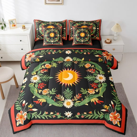 Erosebridal Bohemian Floral Bedding Sets Twin Size For Teen,Sun Moon Comforter Sets with Sheets,Lightweight Reversible Bed in a Bag Twin size,Boho Room Decorative,7pcs