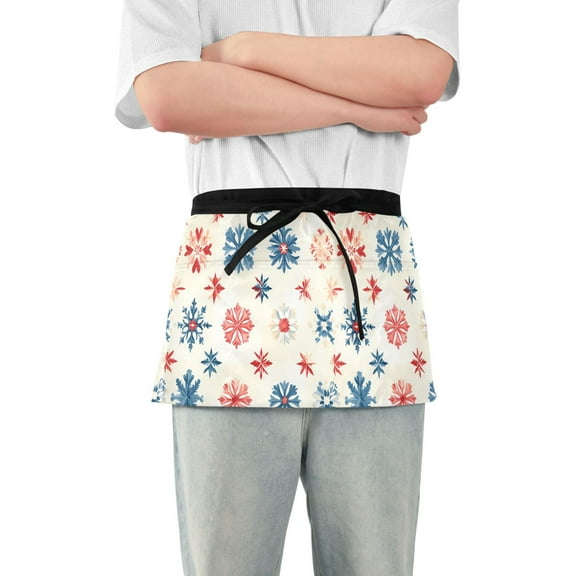 Server Apron with 3 Pockets Waterproof Waitress Waist Short Apron for Man Woman Red Blue Snowflakes 12 Inches