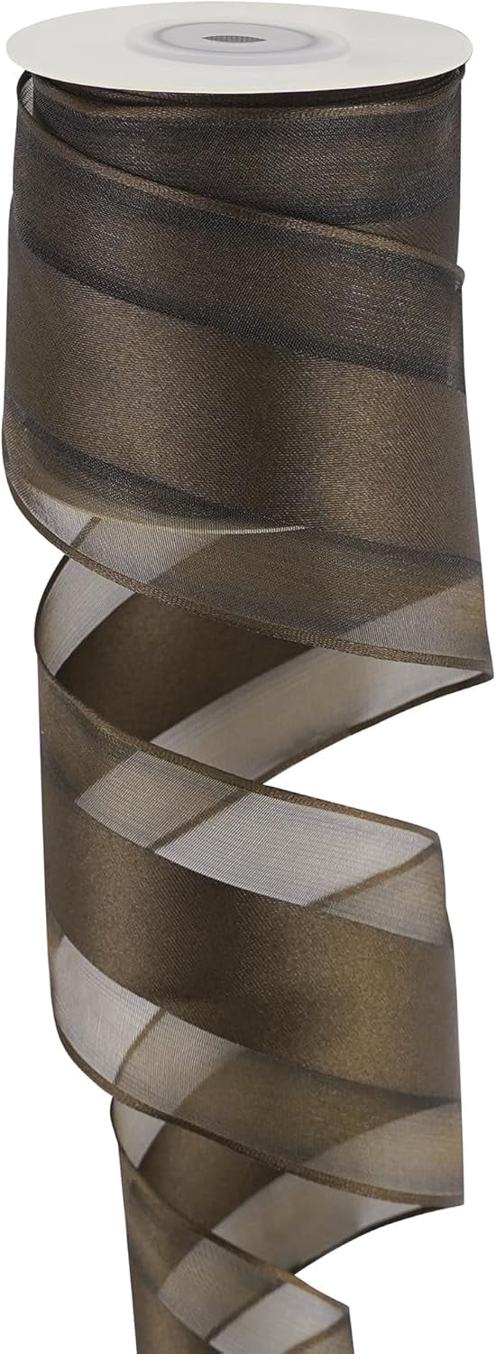Brown Sheer Wired Ribbon with Satin Stripe 2.5 inch Brown Ribbon for Christmas Tree, Bows Making, Wreaths, Garland, Gift Wrapping, Wedding Decor, Thanksgiving Decor-Continous 10 Yards