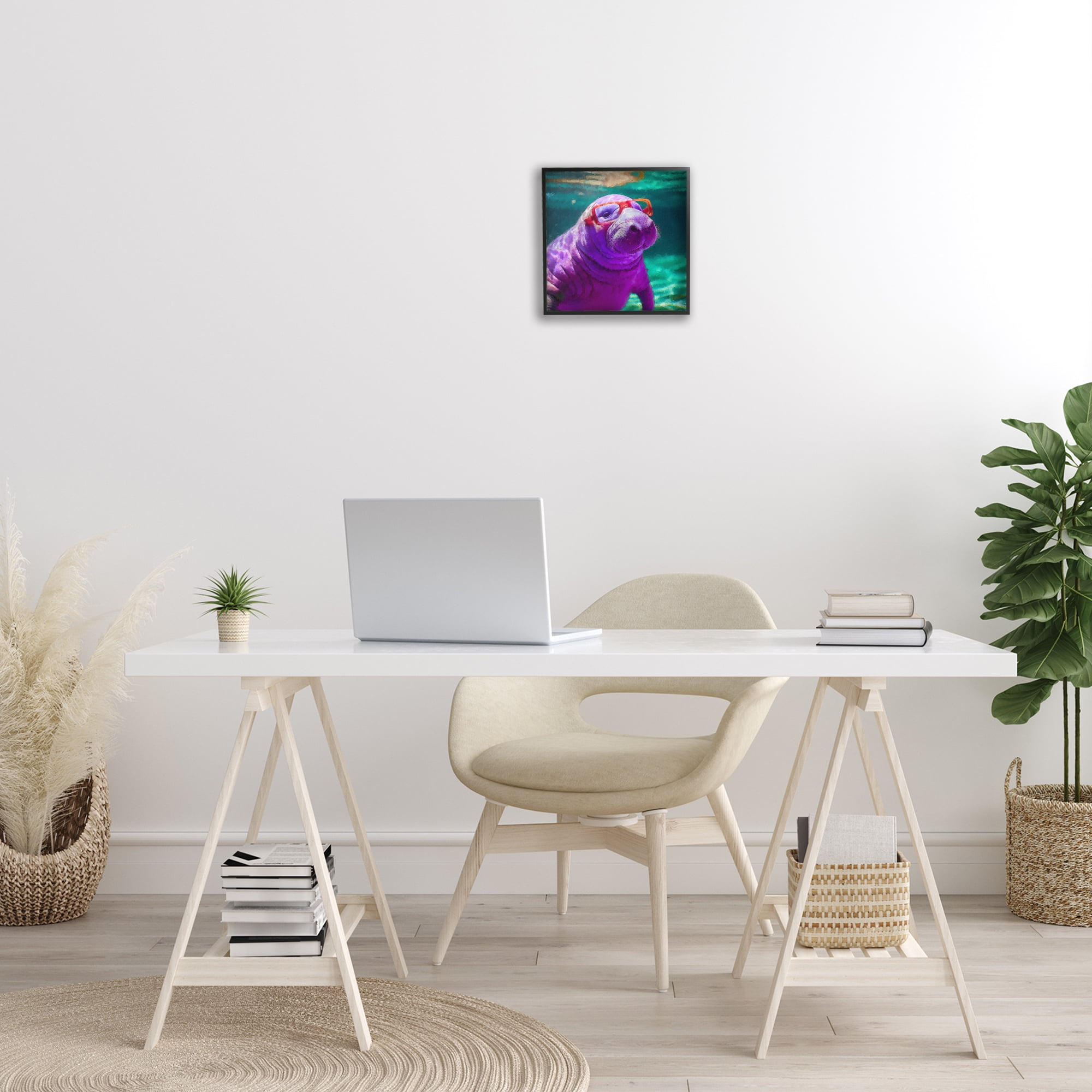 Stupell Industries Manatee with Glasses Animals & Insects Painting Black Framed Art Print Wall Art, 12 x 12