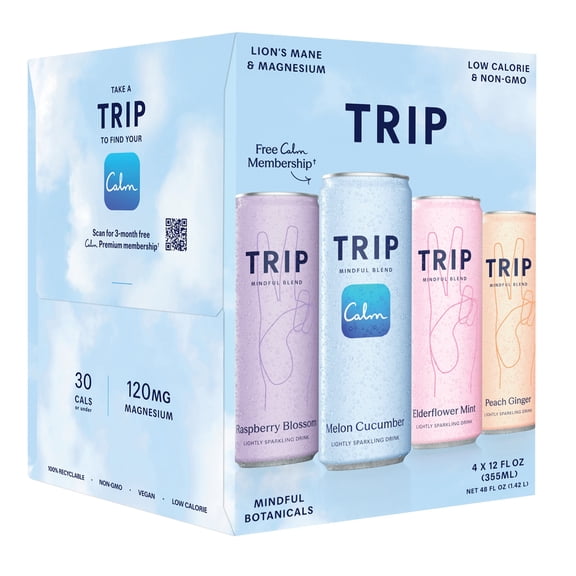 TRIP Lightly Sparkling Non-Alcoholic Drink with Magnesium, Ashwagandha, Lions Mane & L Theanine, No Added Sugar Mocktail - Variety Pack - 4 Pack 12 fl oz