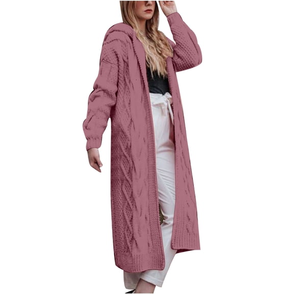 XFLWAM Womens Oversized Hooded Long Cardigan Sweaters Open Front Long Chunky Cable Knit Sweater Coat with Pocket