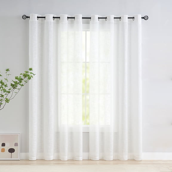 Exultantex Semi-Sheer Linen Curtain Sets for Kitchen Dining Textured Drapes, 52"W x 63"L, 2 Panels, Grommet Top, White