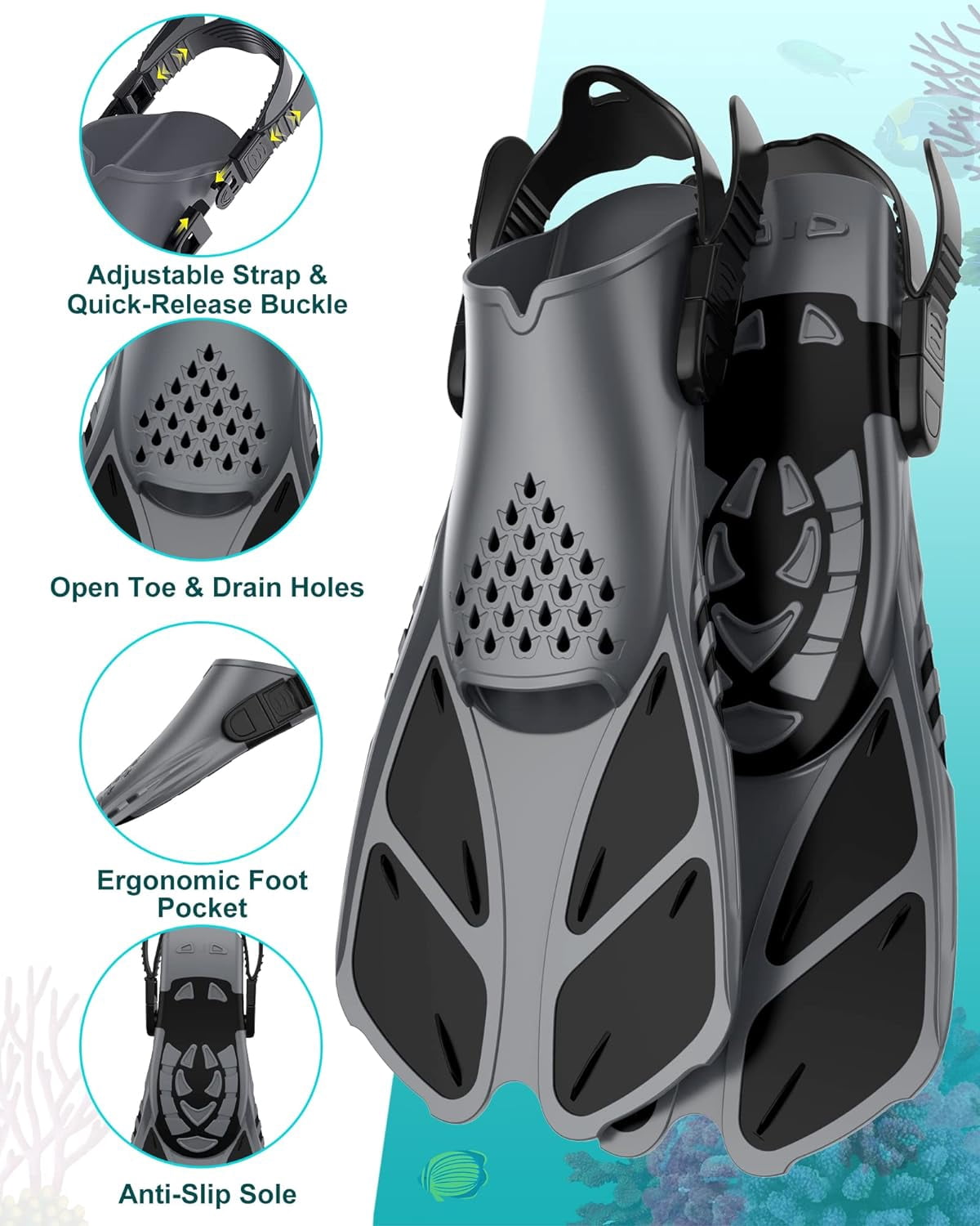 Greatever Snorkel Fins, Open Heel Swim Fins with Adjustable Buckles, Travel Size Short Flippers for Swimming Diving, Snorkeling Fins for Adults Youth