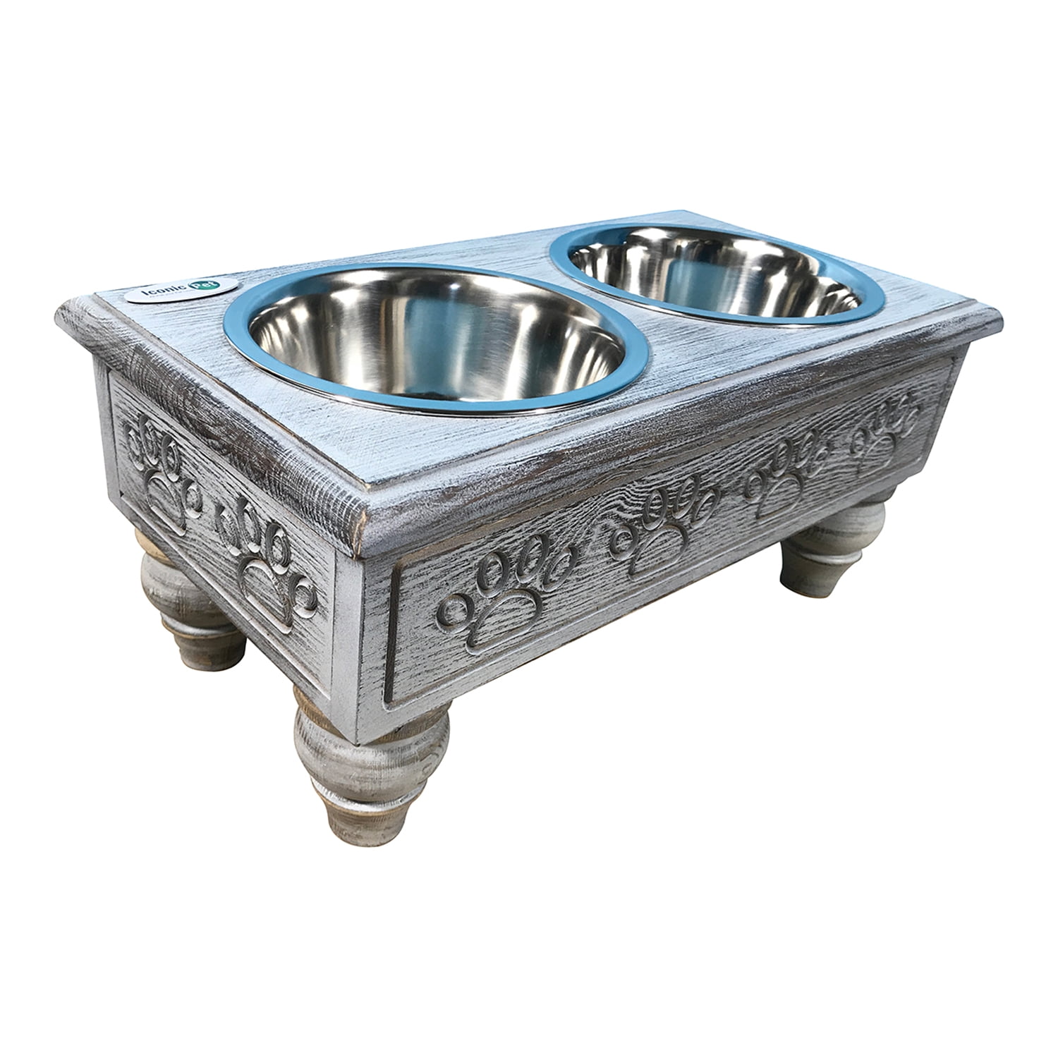 Iconic Pet Raised Wooden Pet Double Diner with Stainless Steel Bowls - Antique Gray - Medium