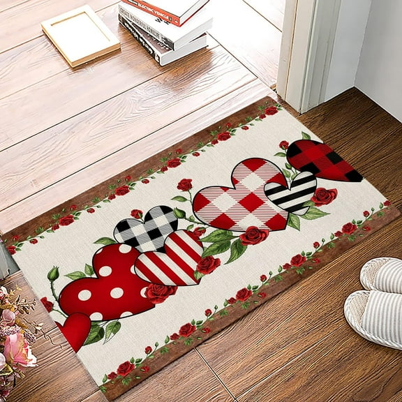 Doormat 16x24 Inch Valentine'S Day Indoor Doormat Bath Rugs Non-Slip Washable Cover Floor Rug Carpets Floor Mat Home Decor For Kitchen Bedroom Red Black Plaid Striped Love Heart Rose Wood