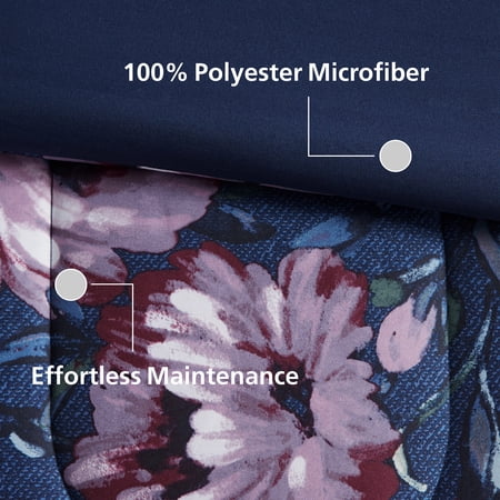 MAINSTAYS ALL IN ONE REVERSIBLE COMFORTER AND SHEET SET- 11 PIECE, KING, NAVY FLORAL