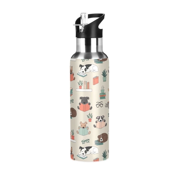 Yayeee 20oz Insulated Water Bottle Double Wall Stainless Steel with Flip Straw Lid, Cartoon Dog Reading Pattern