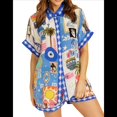 thumbnail image 1 of Conjuntos de Dos Piezas para Mujer: Camisa Informal con Botones y Pantalones Cortos con Cordón, con Estampado Floral, para Verano. Azul S, 1 of 10