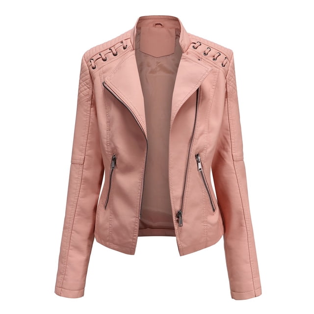 Chaqueta de piel sintética para mujer, saco rosa con bolsillos y cremalleras, talla XL