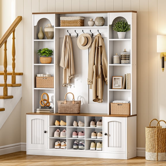 HOOBRO 51" Farmhouse Hall Tree with Bench, 5 Hooks, 8 Compartments & 9 Shoe Cubbies, White and Walnut