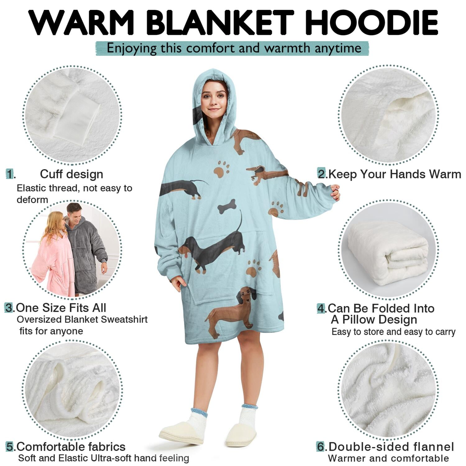 Wearable Oversized Blanket,Dachshund Footprint Bone Wearable Blanket Hoodie for Adults,Cozy Hooded Blankets with Super Pockets,Super Warm Fuzzy Pullover for Women & Men