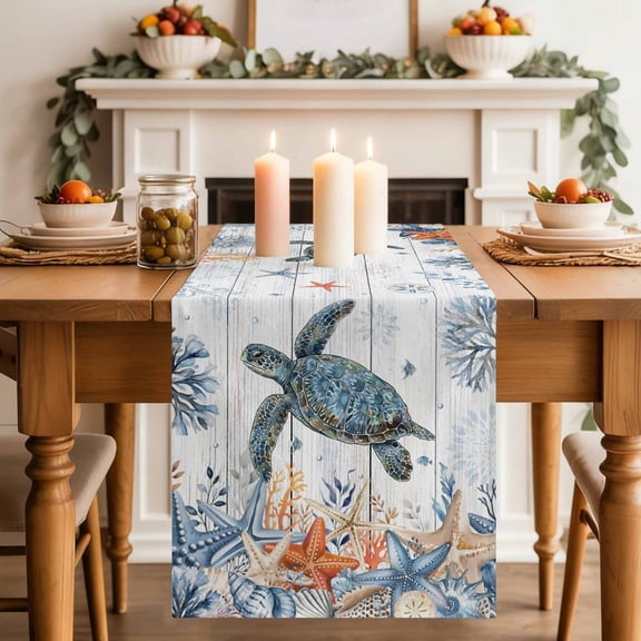 Oceans Table Runner, Coastal Orange Blue Sea Turtles Starfish Wood Gradient Cotton Linen Kitchen Table Decoration Washable Dining Tabletop Runners for Home Party Decor 13x48 Inches
