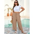 thumbnail image 4 of SHOWMALL Women's Plus Size Wide Leg Balloon Pants, Loose Fit Baggy Trousers with Pockets, Light Khaki 5X Breathable Elastic Drawstring Waist Lantern Pants for Summer Beach Travel Vacation, 4 of 7