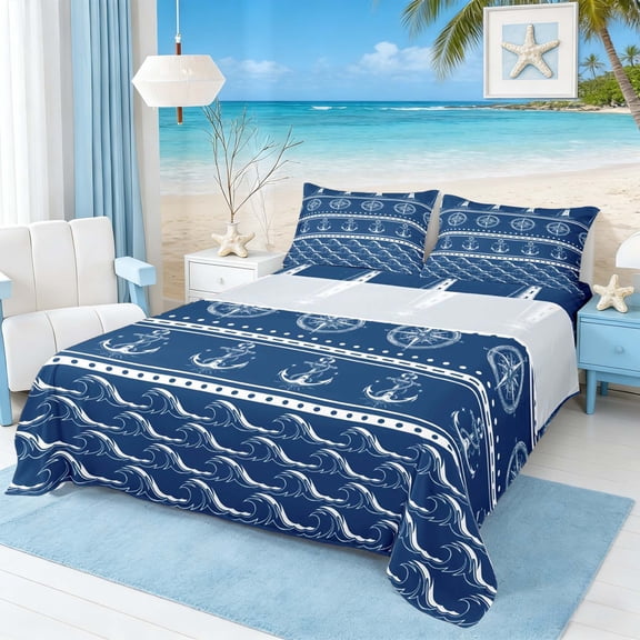 Manfei Vintage Stripe Lighthouse Compass Anchor Wave Queen Sheet Sets for Kids Boys and Girls, Nautical Print Bed Set 4-Piece, 1 Flat Sheet, 1 Fitted Sheet and 2 Pillowcases