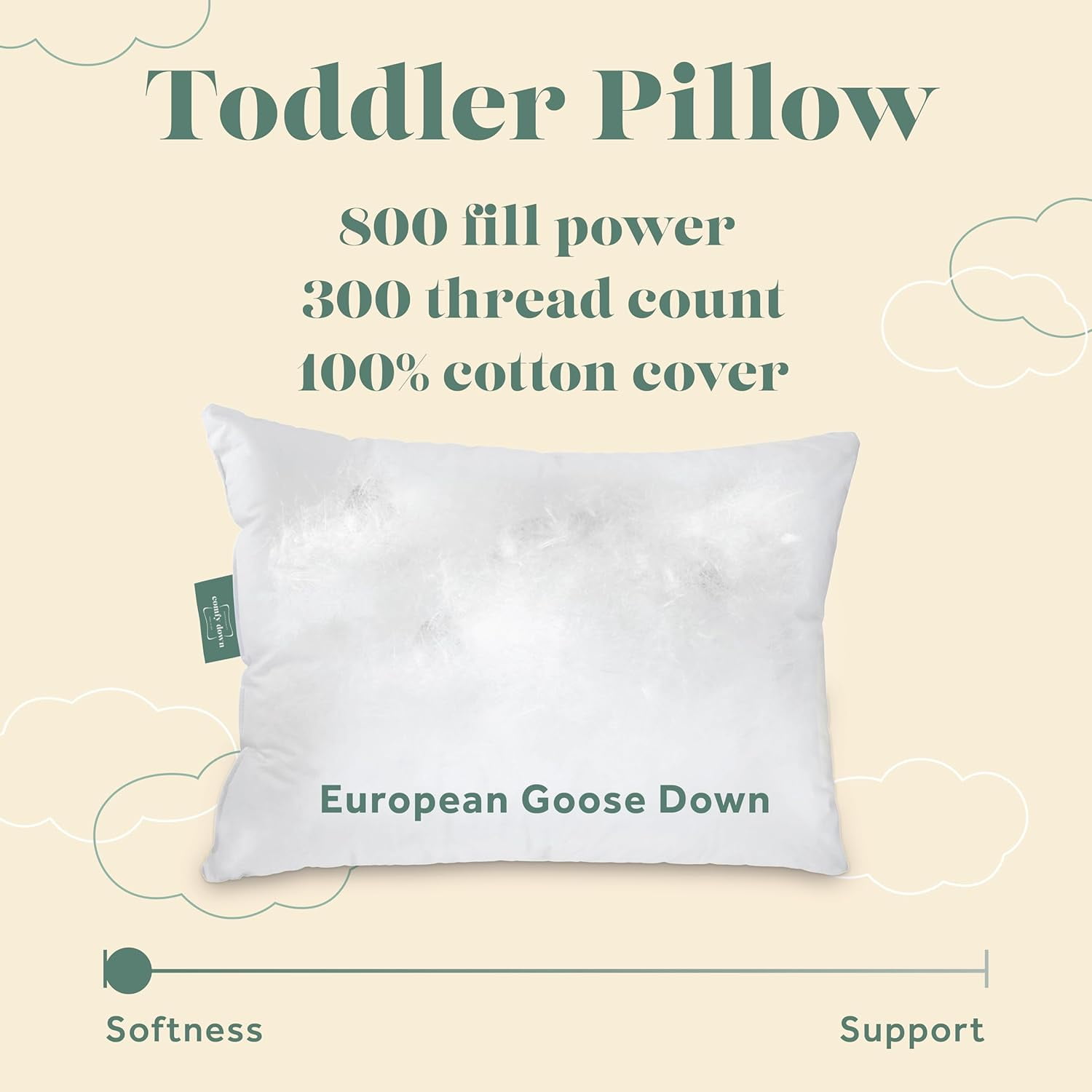 Toddler Pillow - 13x18 Soft Baby Pillow, 800 Fill Power Goose Down Fill, 300 Thread Count 100% Cotton Cover - Made in USA
