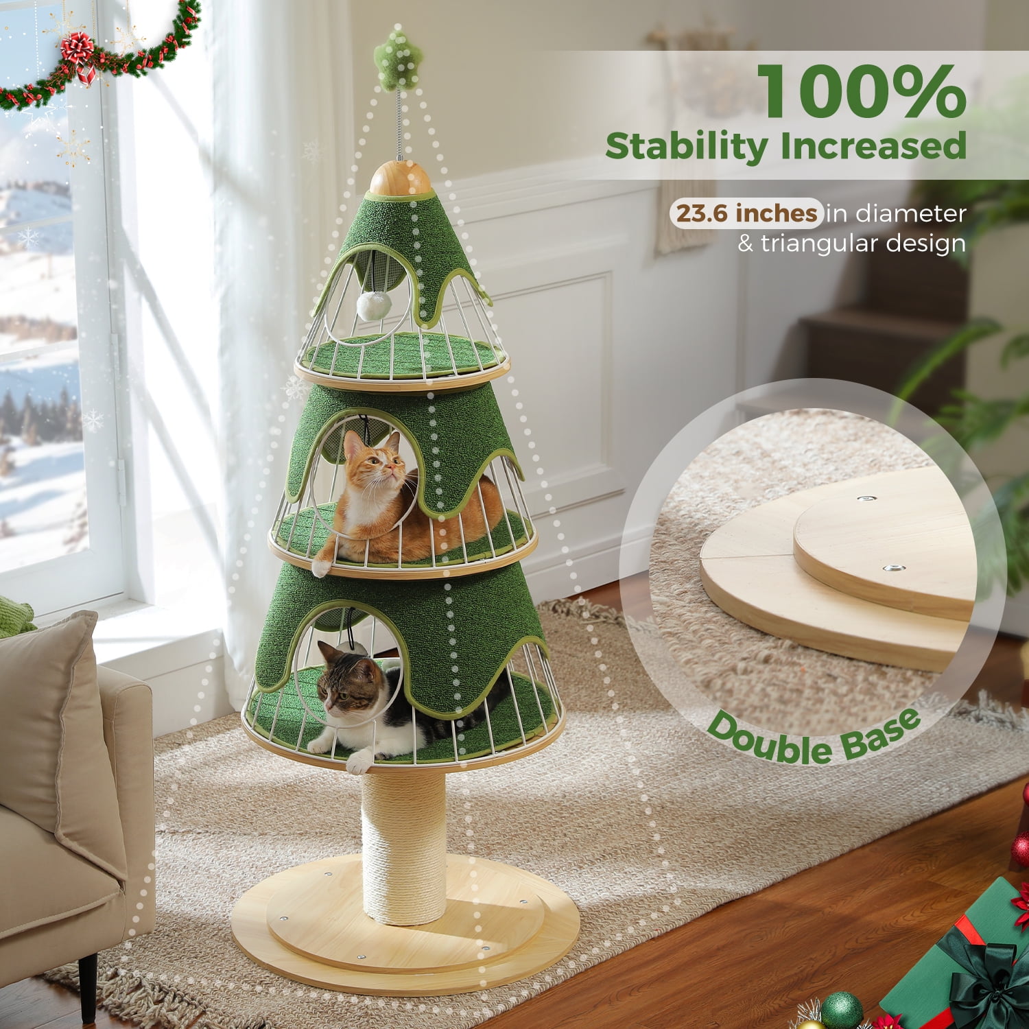 Pefilos 51" Modern Wood Cat Tree Tower, Cat Christmas Tree w/Thick Scratch Post(φ5.4in), 3 Condos-Heavy Duty Furniture w/Metal Frame & Replaceable Mat, Green