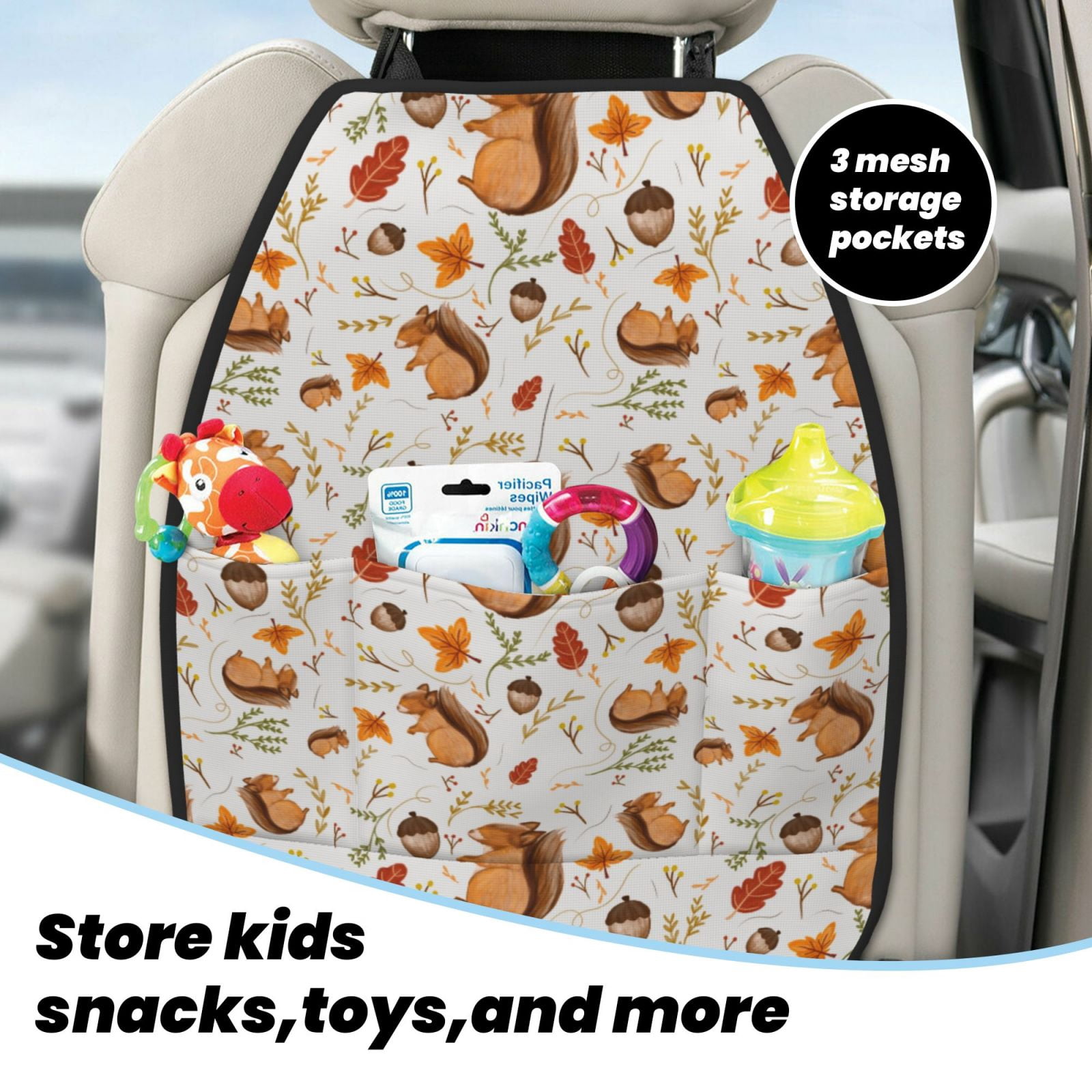 Xecao Squirrel Pattern Car Seat Back Protector 2 Pack Large Capacity Pocket, Kick Mats Back Seat Protector