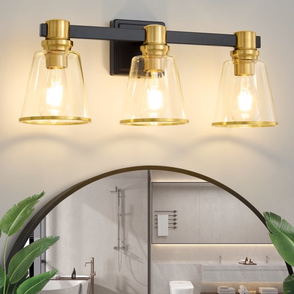 Vanity Lights Black Gold Bathroom Light Fixtures Over Mirror, 3 Light Vanity Lighting Fixtures, Mid Century Modern Wall Sconce with Clear Glass Shades for Farmhouse Bedroom