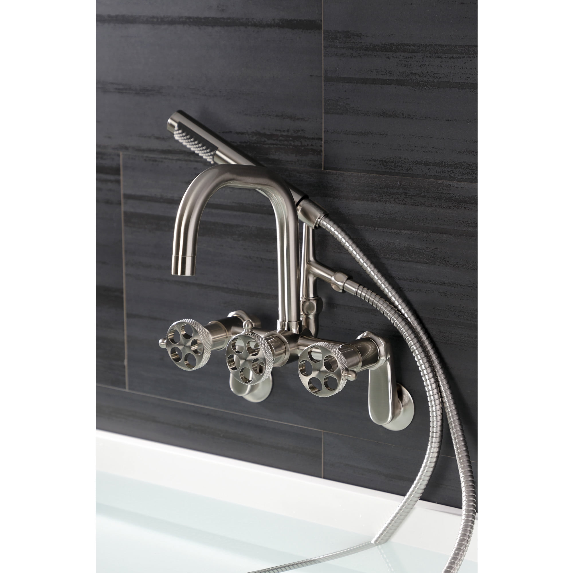 Kingston Brass AE8458RKX Webb 7-Inch Adjustable Wall Mount Clawfoot Tub Faucet with Knurled Handle and Hand Shower, Brushed Nickel