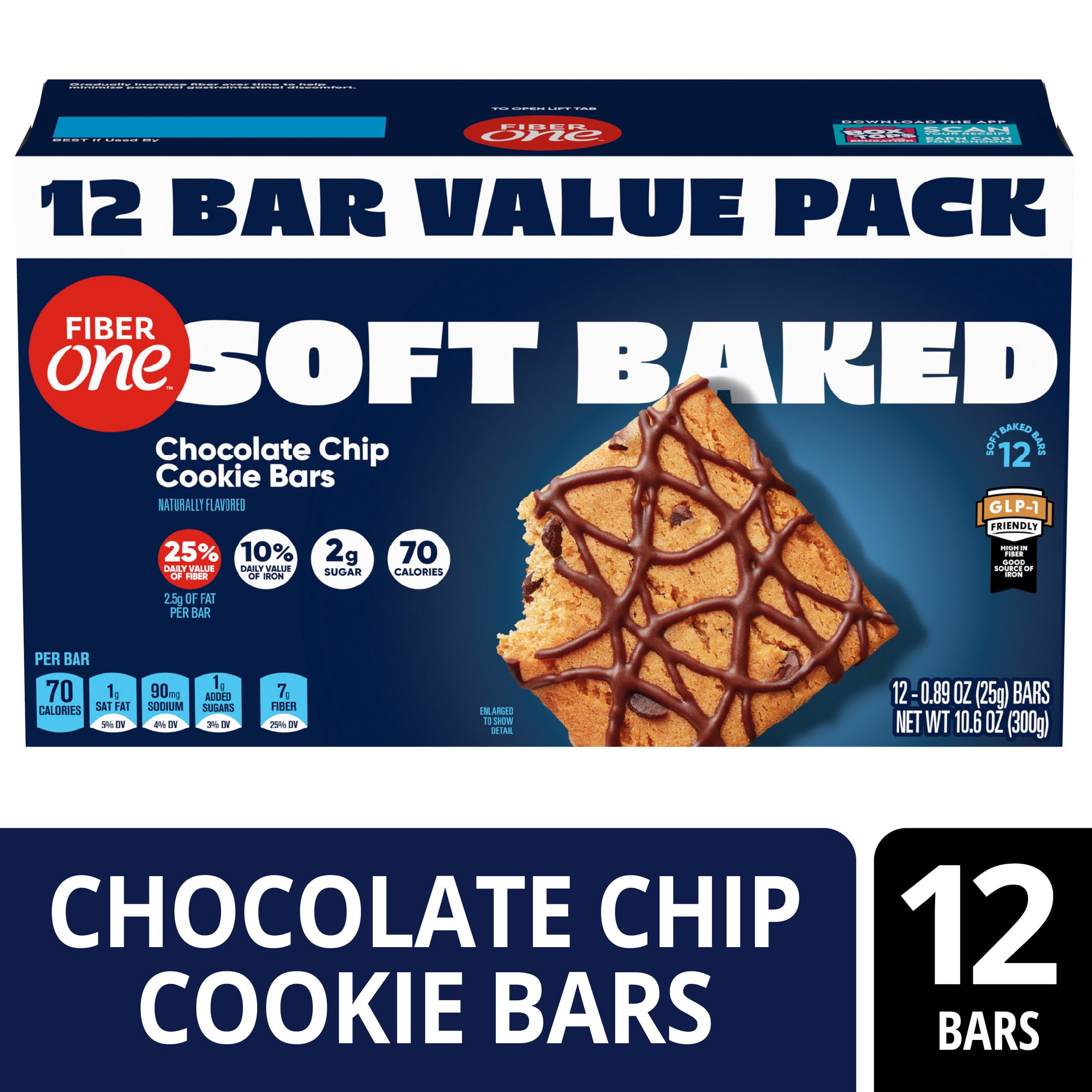 (4 pack) Fiber One Soft Baked Chocolate Chip Cookie Bars, Fiber Snacks, Value Pack, 12 Ct, 10.6 oz