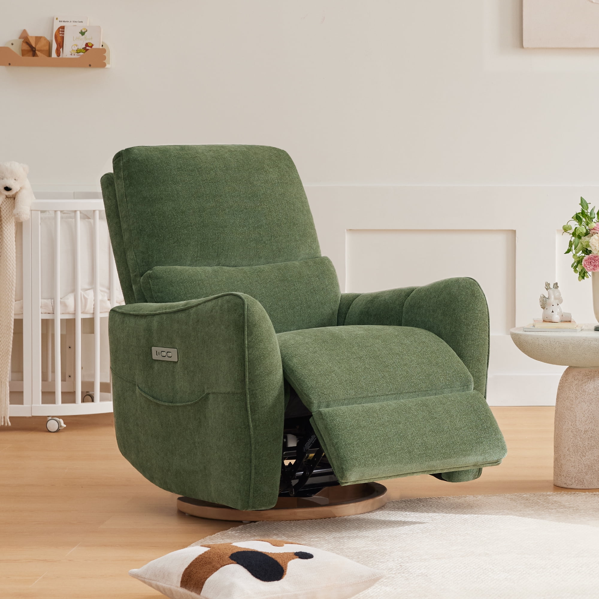 Spruce & Spring Chenille Fabric Swivel Glider Recliner with Lumbar Pillow for Nursery & Living Room, Green