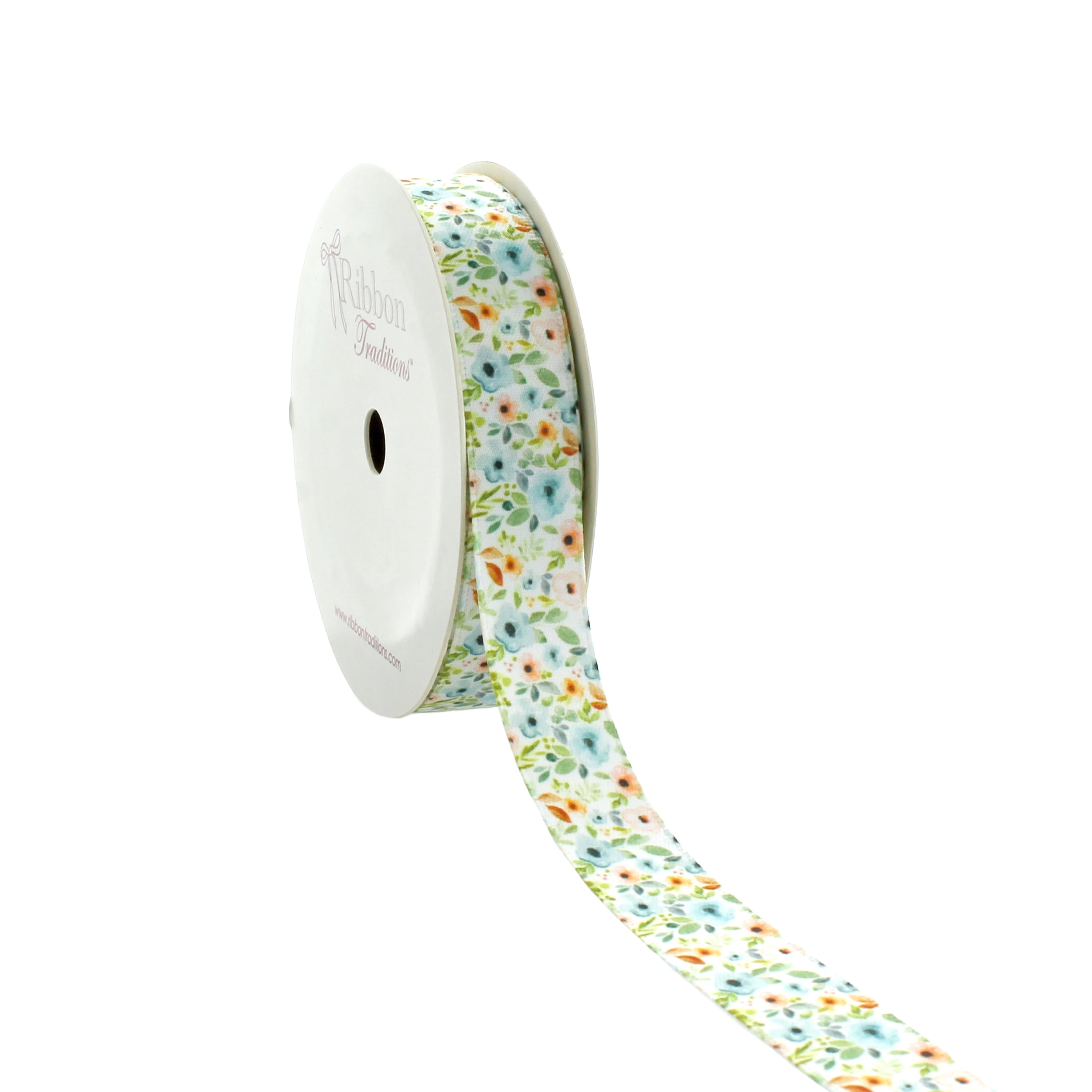 Ribbon Traditions 5/8” Satin Floral Blue-Pink Print Ribbon, 6 Yards