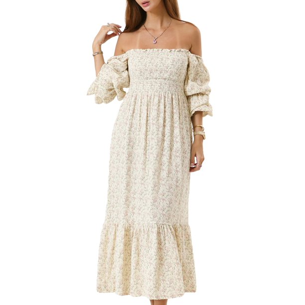 Vestido Tsseiatte para mujer, escote cuadrado, hombros descubiertos, manga larga abullonada, fruncido, cintura alta, informal, corte A