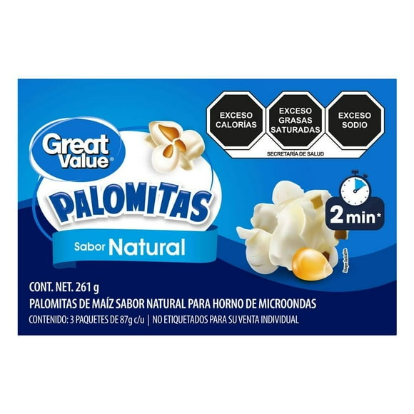Palomitas de maíz Great Value sabor natural para horno de microondas 261 g