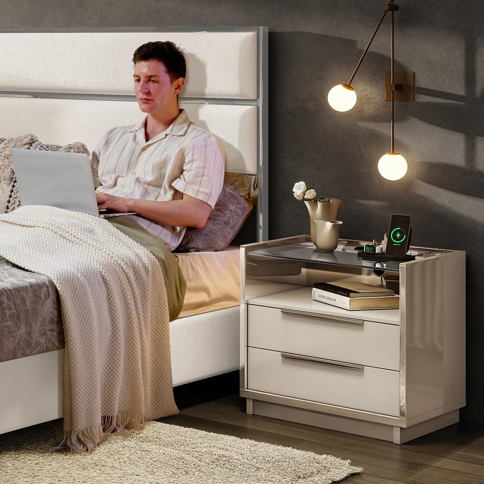 Papajet 23.6" Nightstand High Gloss End Table with Glass Tabletop, Modern Bedside Table with Charging Station, 2 Drawers for Bedroom, Cream & Gray