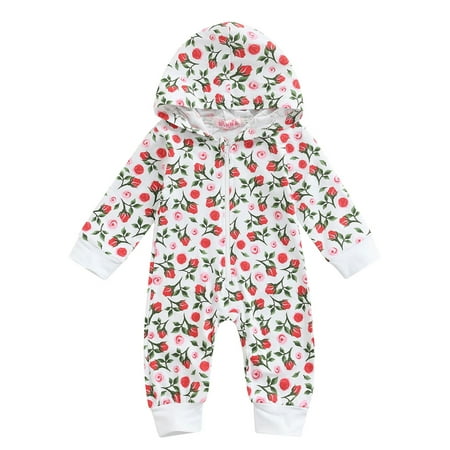 

Sunisery Newborn Baby Girls Cotton Sweet Long Sleeve Jumpsuit Autumn Rose Flower Print Zipper Hooded Romper White 12-18 months