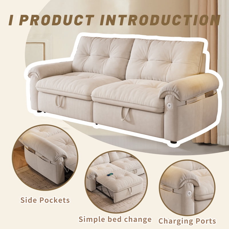 77.2" Convertible Sofa Bed, 2-in-1 Full Size Sleeper Sofa, Plush Upholstered Loveseat with USB Charging Ports & Side Pockets, Steel Frame Pull-Out Couch for Living Room, Bedroom, Apartment
