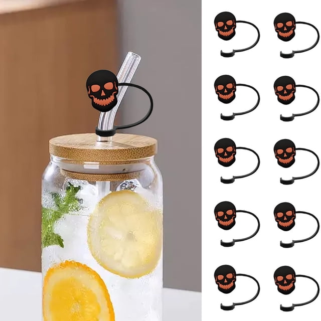 Xihbxyly Cubierta para Pajita de Halloween, Tapón de Pajita de Pvc con Pegamento Suave, Diseño Divertido de Esqueleto de Calabaza Bruja, Cierre Seguro, Fácil de Limpiar, Decoración para Fiestas, Coci