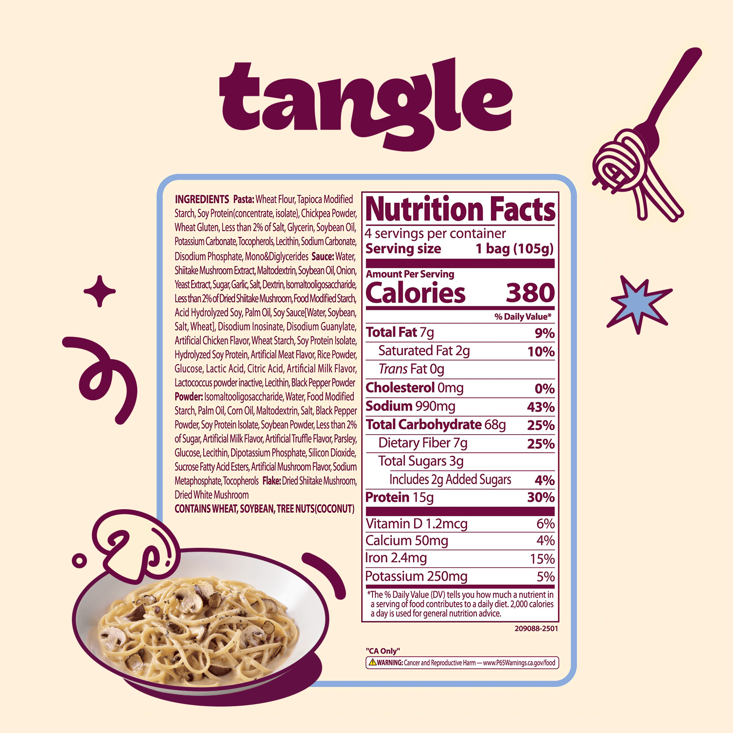 Tangle Creamy Mushroom Flavor Instant Pasta with No Artificial Ingredients, 4-Pack, 3.70 oz